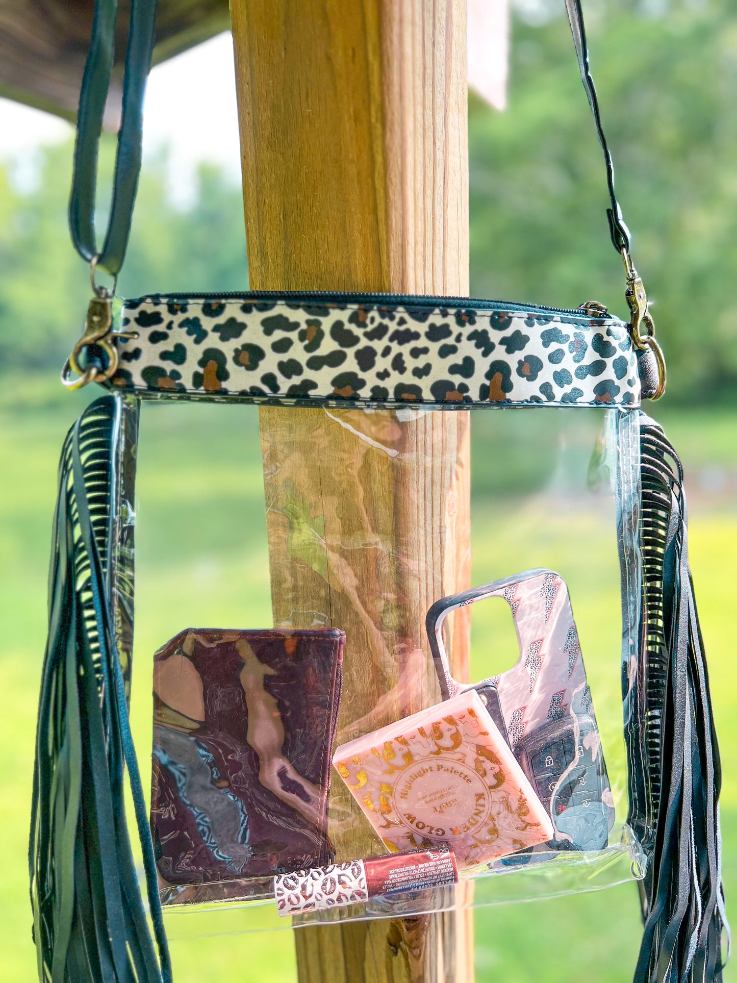 Black Leopard Fringe Crossbody Clear Purse