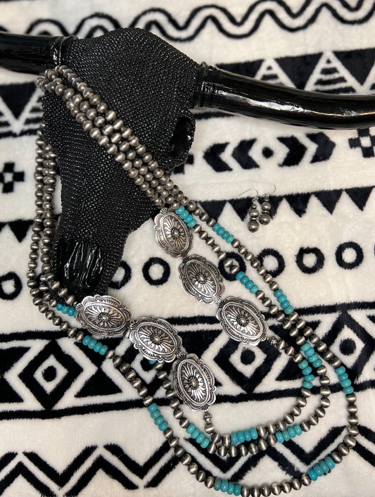 3 Layer Beaded Concho Necklace and Earring set