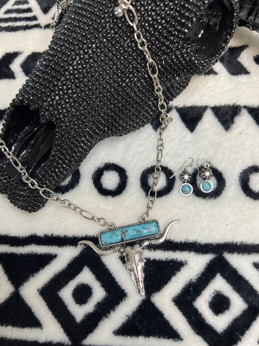 Turquoise Steer Necklace and Earring Set