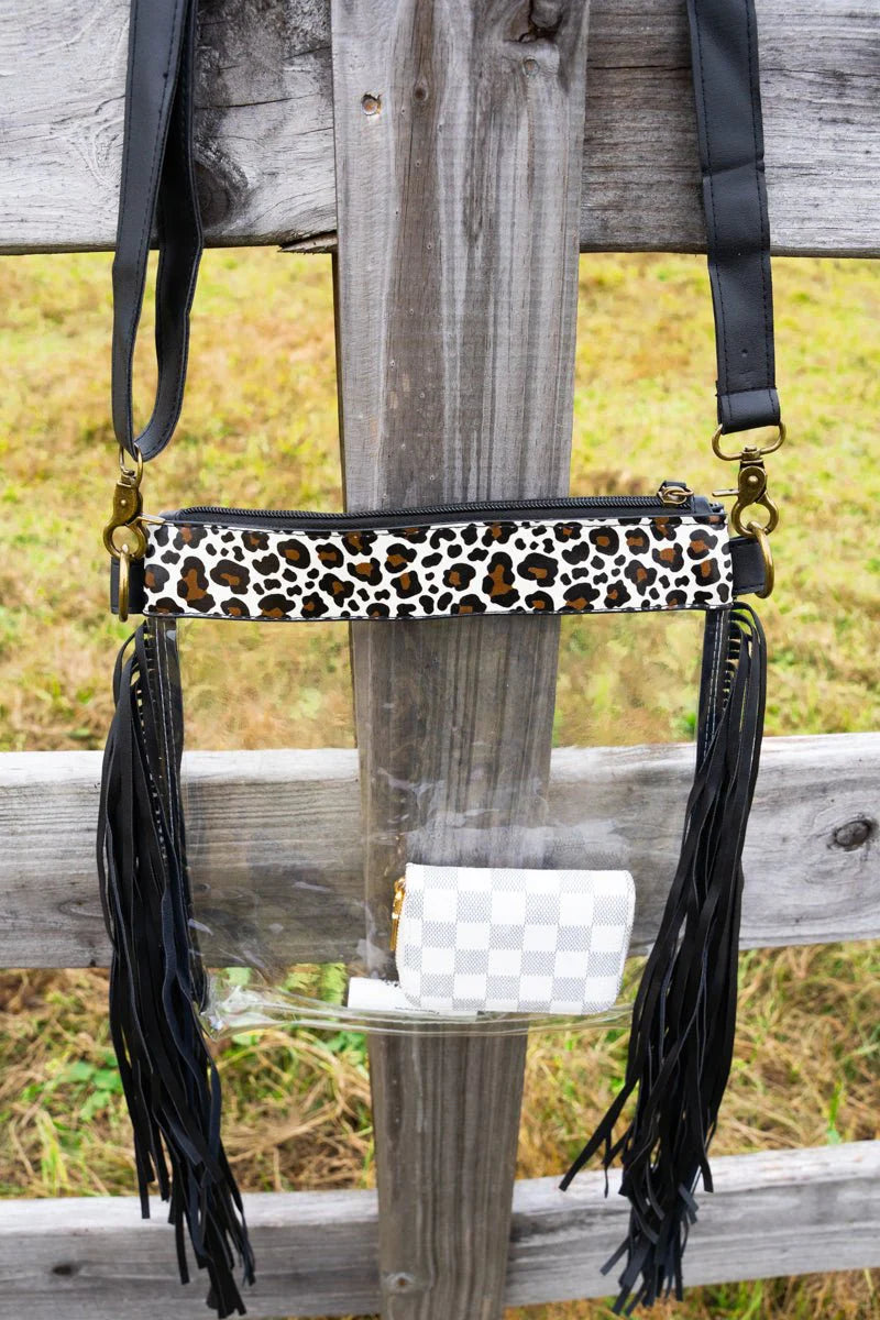 Black Leopard Fringe Crossbody Clear Purse